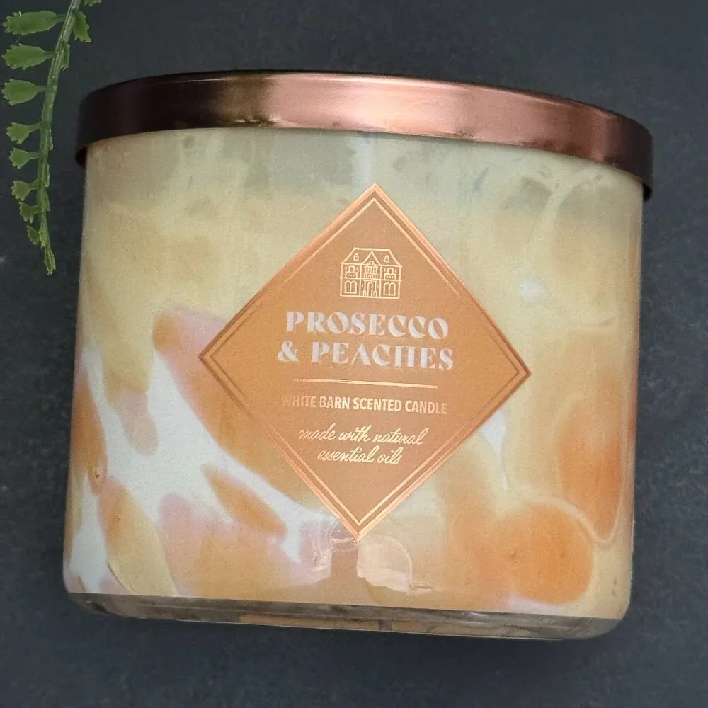BBW Prosecco & Peaches White Barn Bath & Body Works 3 Wick Candle - Picture 5 of 10